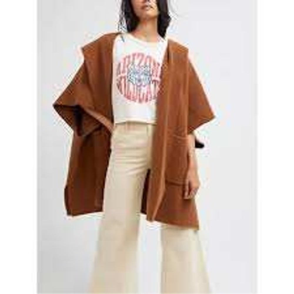 Free People Camel Brown Hooded Oversized Poncho Sweater OS Boho Layering Wrap